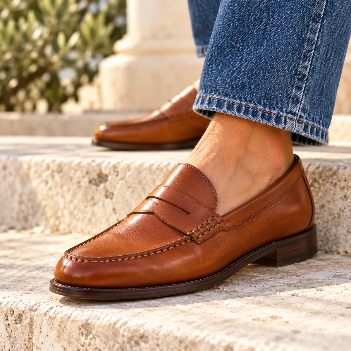 Close-up of a tan leather penny loafer