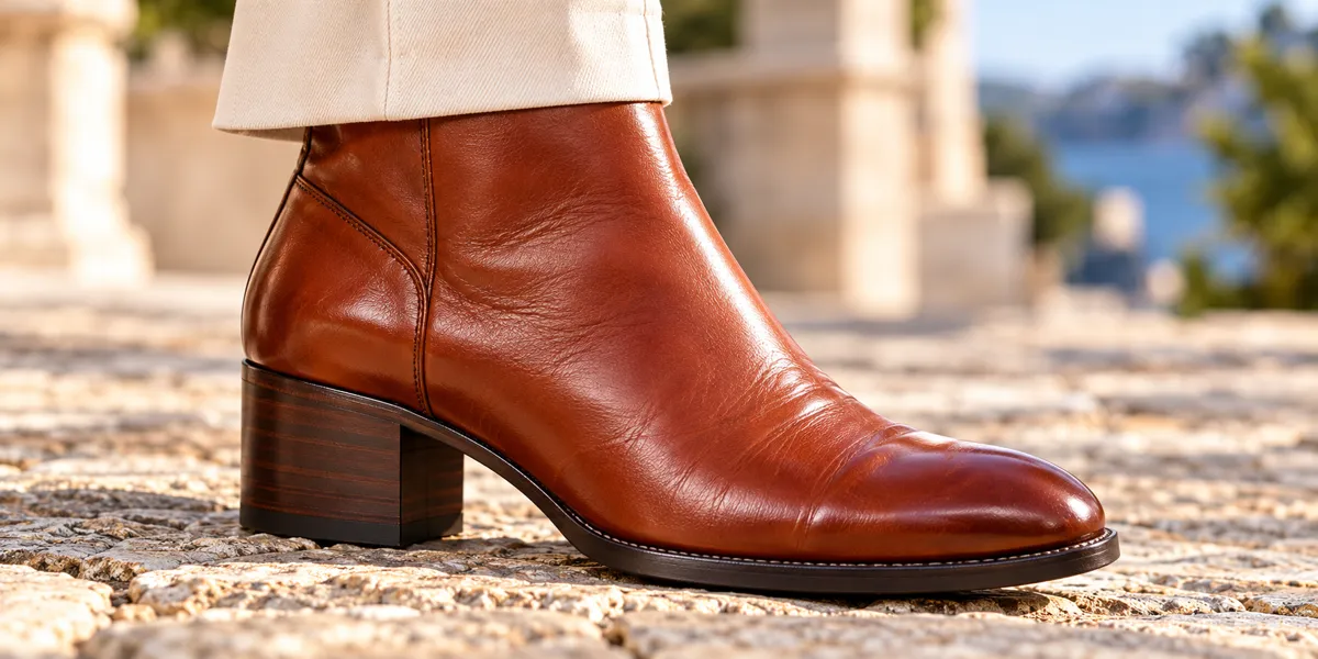 Close-up of a cognac leather ankle boot