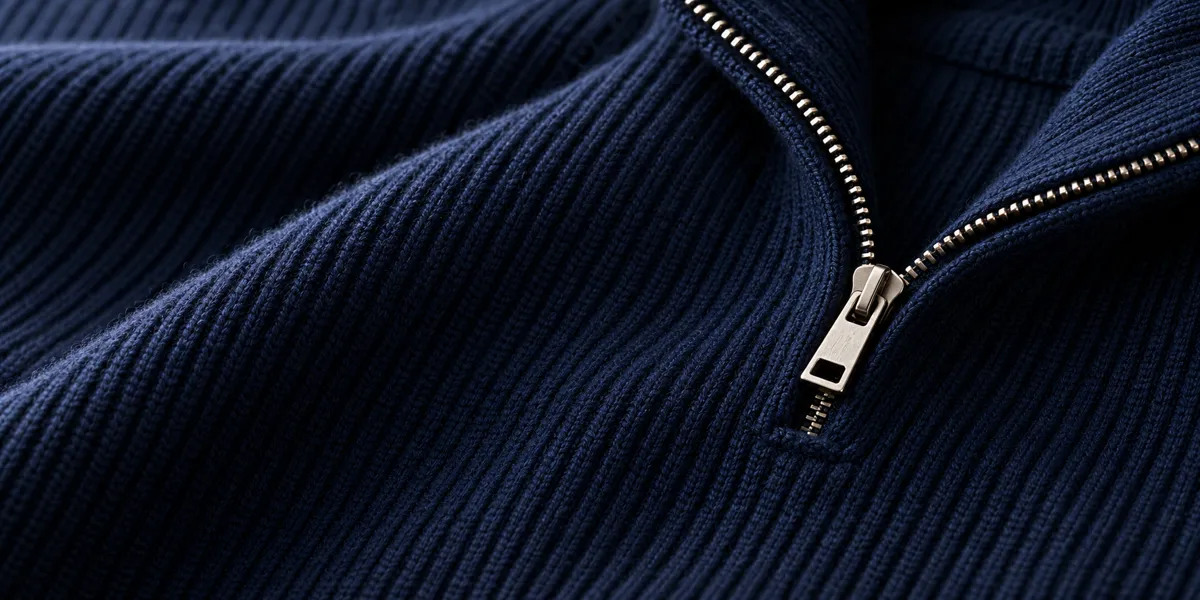 Close-up of a navy ribbed knit with a zip