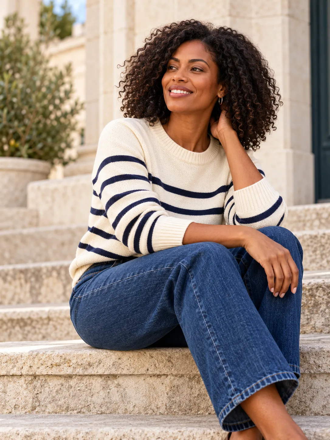 Woman in a Breton-striped jumper and wide jeans