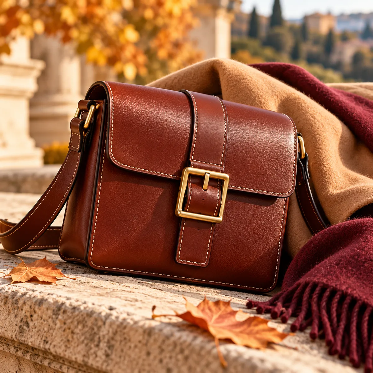Close-up of a brown leather bag with a brass buckle