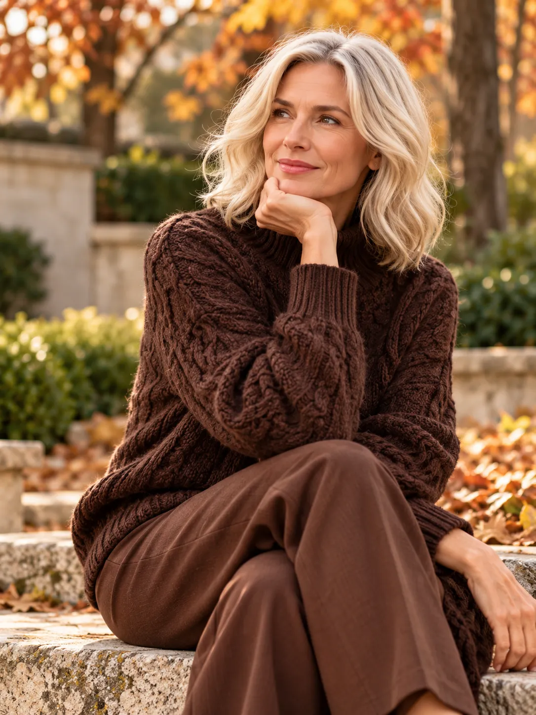 Silver-haired woman in chocolate cable knitwear