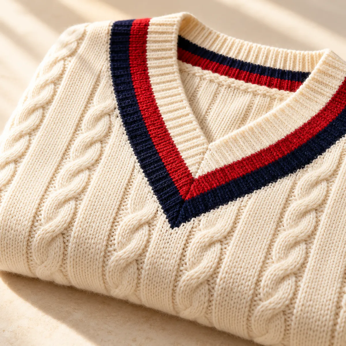 Close-up of a cable-knit V-neck with navy and red stripes