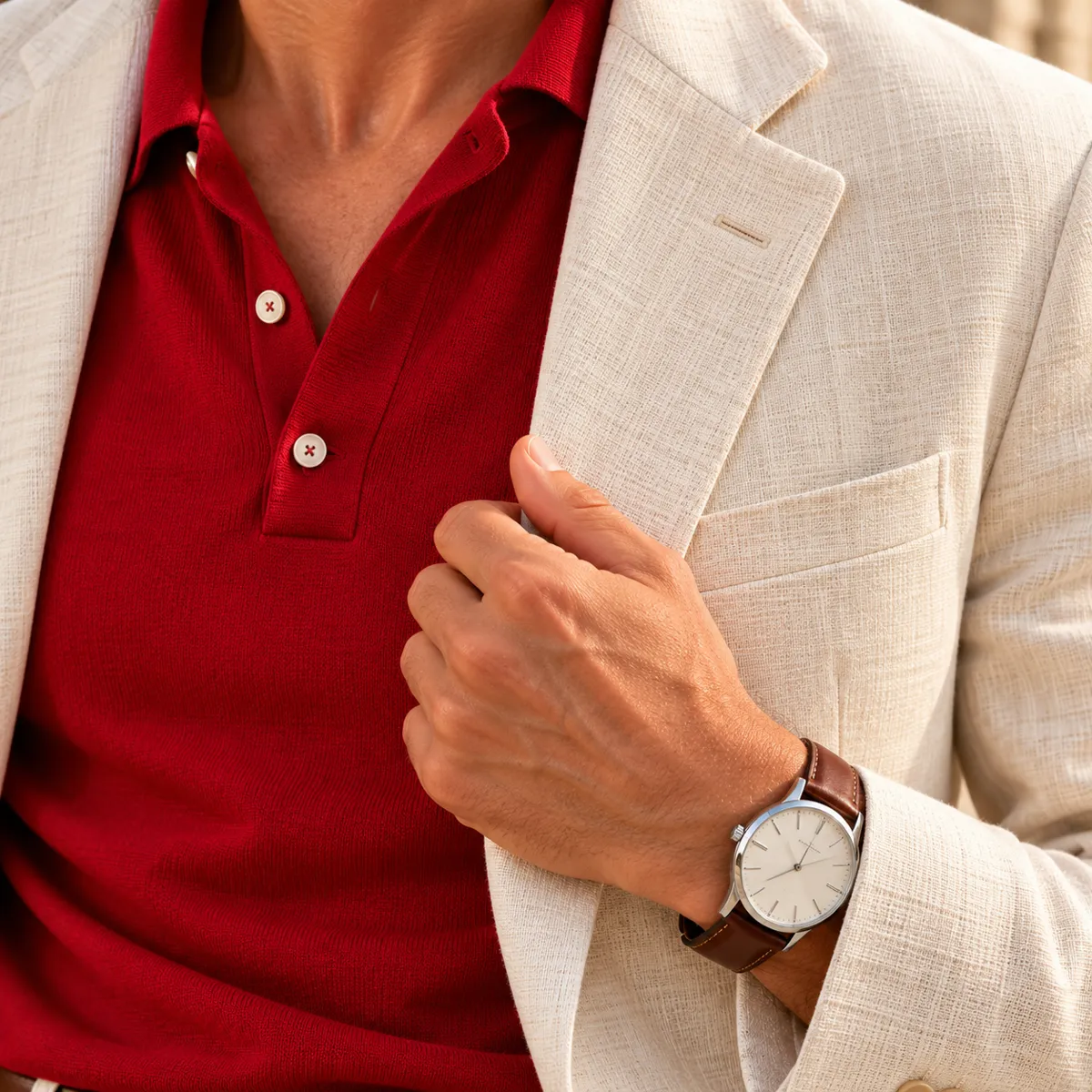 Close-up of a linen lapel, red polo and wristwatch