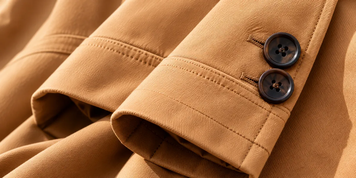 Close-up of camel fabric with dark buttons on the cuff