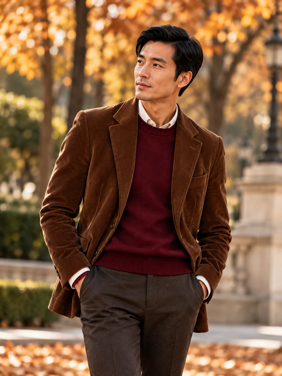 Man in a brown corduroy jacket and burgundy knit