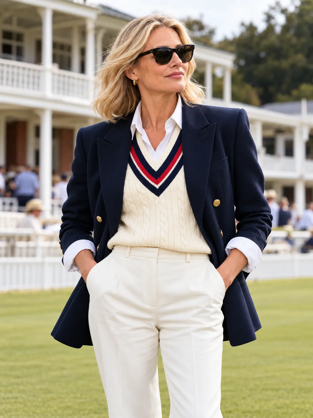 Woman in a navy blazer over a cricket jumper and cream trousers